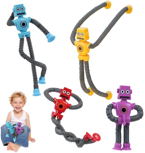Teleskop Saugnapf Roboter Spielzeug, 4 Stück Roboter Saugnapf Spielzeug für Kinder, Roboter Stressabbau Spielzeug für Kinder, Roboter Pop Röhren Spielzeug, Gastgeschenke Für Jungen Und Mädchen