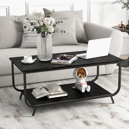 GOPLUS Table Basse Marbre Faux 2 Niveaux,Table Basse Salon avec Plateau Spacieux et Étagère Rangement Scandinave& Moderne pour Bureau Chambre Charge 60KG,105x55x46,5CM (Noir)