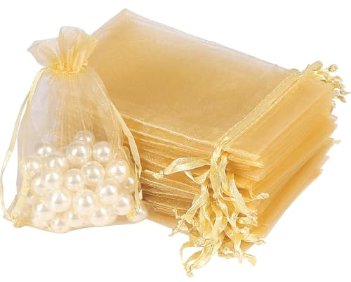 Organza Beutel mit Kordelzug, 50 Stück 17 × 23 cm Geschenk Hochzeit Säckchen, Organza Geschenk Schmuckbeutel, Bonbonsbeutel für Hochzeit Oder Fest Party(Gold)