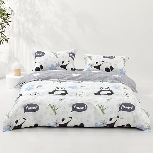 SAPHREAS Home Queen Size Cute Cartoon Pandas Duvet Cover Set 3pcs Animal Comforter Cover 100% Cotton Kids Duvet Cover Set 1 Duvet Cover 2 Pillow Shams