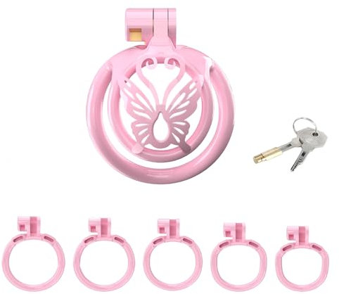AMAZBEE Pink Resin Peniskäfig Set mit 5 Penis Ring Arc Cock Cage sex Spielzeug Mini Flat Harz Chastity Cage Male und Paare Bondage (WX4-Pink-Bent)