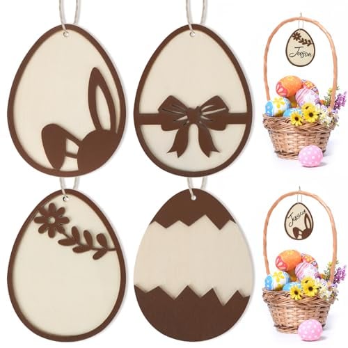 4 Stück Osterkorb-Anhänger, 3D-Ei-Design, hölzerne Osterkorb-Namensschilder, personalisierte Osteranhänger mit Schnur, Oster-Geschenkanhänger für Zuhause, Raumdekoration, hängende Ornamente (Ei-Form)