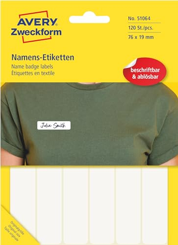 AVERY Zweckform Art. 51064 Namensetiketten für Kleidung (120 Namensaufkleber, 76x19mm, selbstklebend, Textiletiketten aus Acetatseide, Namensschild handbeschriftbar, einfach ablösbar) 10 Blatt, weiß