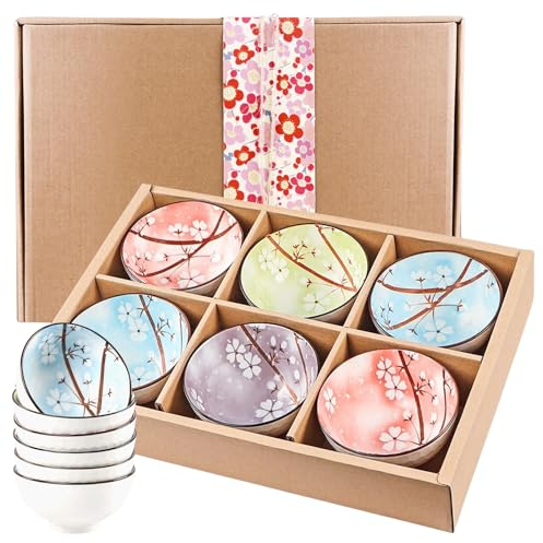 HOMURY Müslischalen 6er Set, 300ml Dessertschalen aus Porzellan, Kleine Bunt Keramik Schüsseln, Japanische Keramikschalen, Schalen Set für Snack, Reis, Müsli, Nachtisch, Dessert, Eiscreme(Sakura)