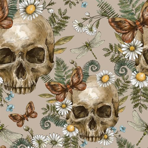 VEELIKE Skulls Fern Floral Peel and Stick Wallpaper - Vintage Gothic Brown Floral Art Decor for Bedroom, Bathroom, Dollhouse - Renter Friendly 44.5cmx300cm