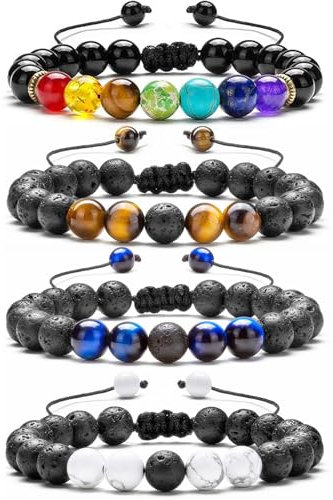 DKDDSSS 4 Stück 8MM Perlenarmband, Armband für Herren, Tigerauge Armband, Lavastein Armband, Elastic Herren Armband Perlen Set, für Männer Schmuck Geschenke