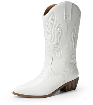 DREAM PAIRS Stivali da Cowboy Donna Stivali a Metà Polpaccio Da Donna Stivali da Cowgirl con Tacco Grosso Ricamati,Size 41,Bianco-Pu,DWUMMB2419