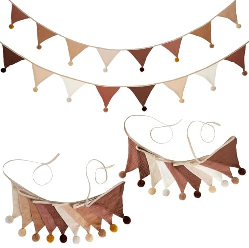 Wimpelkette Outdoor, Jisrcha 2 Stück Wimpelkette Kinderzimmer, 2.6 M Wimpelkette Stoff, Mini Wimpelketten für Hochzeit Geburtstagsdeko Party Zuhause Festival Dekoration, (Braun)