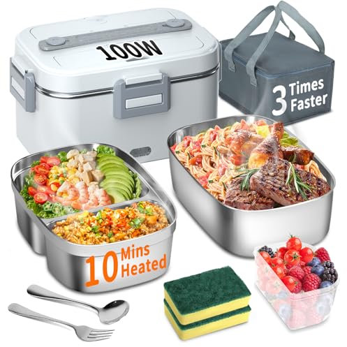 IFENROL Electric Heated Lunch Box 100W 3 in 1 Fast Heating Portable for Adults with 2 Containers (Single Compartment and Compartment) for Car, Truck, Office, 12V/24V/110V (Pack of 3)