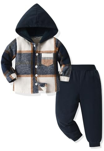 Yanmucy Kleinkind Baby Jungen Kleidung Outfit 2PCS Baumwolle Plaid Junge Hoodies Hemd Tops Hosen Set Kleine Jungen Anzug Kinder Trainingsanzug Frühling Herbst Kleidung Set
