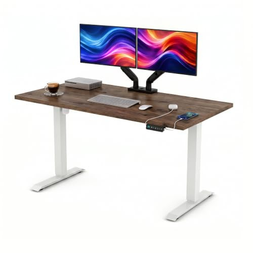 POKAR Höhenverstellbarer Schreibtisch Elektrisch 140x60 cm | Massive 25mm Platte | Memory-Panel mit USB-C und USB-A | Steh-Sitz-Tisch für Home Office | Gestell Weiß, Platte Davos Eiche