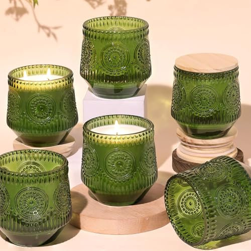 LAMORGIFT 6 Pack Large Green Candle Jars - 13.5oz Glass with Wooden Lids and Labels, Empty Jars for Candle Making Supplies