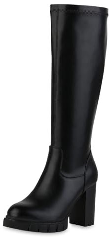 VAN HILL Damen Klassische Stiefel Blockabsatz Holzoptikabsatz Trendy Schuhe 216423 Schwarz 39