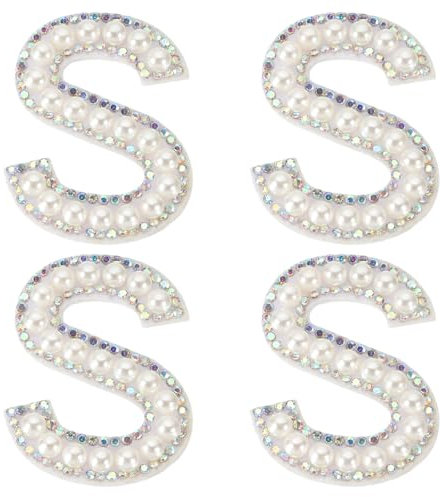 PATIKIL Pearl Letter Patches, 4 Pcs White Chenille Letter Glitter Rhinestone Alphabet Applique Cloth Patches Iron on for Clothing Jacket Backpack Hat, S