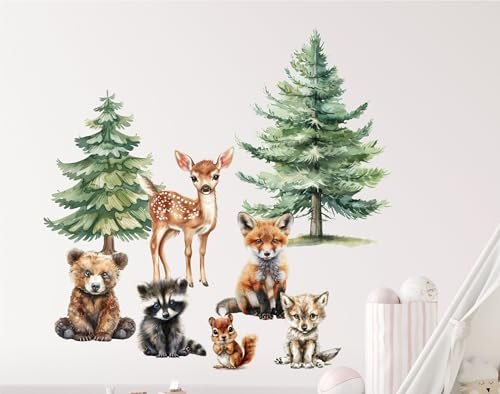 wolga-kreativ Wandtattoo Kinderzimmer - Wandsticker Wald Tiere Waschbär Fuchs REH Hase Wolf Deko Kinderzimmer - Wandaufkleber Mädchen Junge Babyzimmer Wandsticker Mädchen Junge