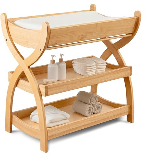 Comfy Cubs Baby Changing Table - Sturdy Wood Construction, Timeless Look Baby Change Table with Two Open Shelves for Infant Daycare Essentials Storage - Natural Wood