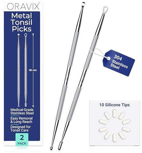 Oravix Extractor de tonsilolitos metálico – Pack de 2 (18 cm), Eliminador de mal aliento, Kit tonsilolitos, Limpiador amigdalas con 10 puntas de silicona, Kit eliminación piedras amigdalas
