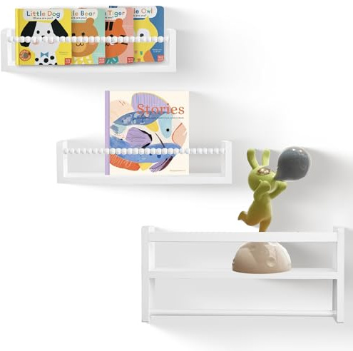 PHOENANCEE MITREL Schwimmende Kinderzimmerregale für Wand, Kinderbuchregal mit Holzperlendesign, für Babydekoration Aufbewahrung, massives Kiefernholz, 3er-Set, 40CM(Weiß)