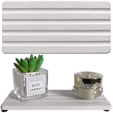 2 PCS Water Absorbing Stone Trays for Bathroom Sink & Kitchen Counter, Fast-Drying Diatomite Sink Caddy, Vanity Tray, Hand Soap Holder with Anti-Skid Feet (White, 7.9 x 4/20 x 10cm)