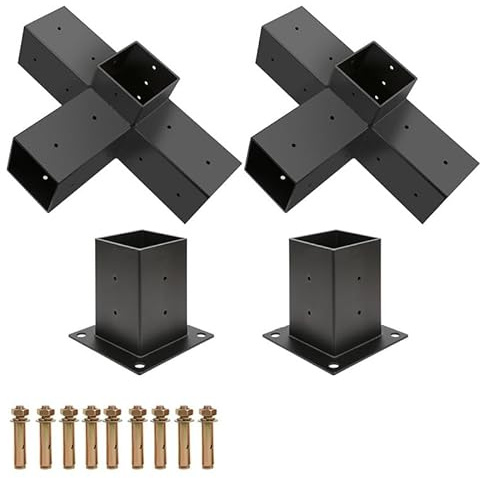 JAYEUW Connecteur de poteaux - Kit de connecteurs d'angle à 90° - 39,6 x 24,8 cm - Équerres d'angle 4 voies et socles de 15 x 15 cm pour poutres en bois équarri de 9 x 9 cm