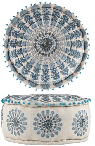 Boho Pouf Garet handgefertigt aus Baumwolle in Blau 50 cm handgemacht