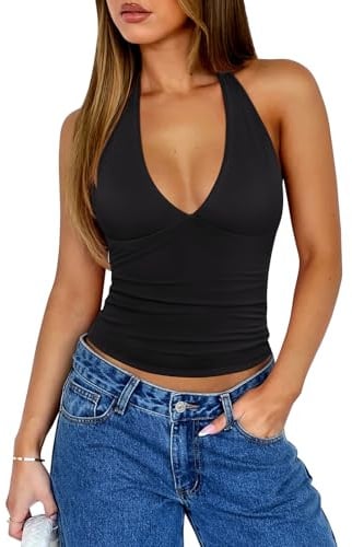 REORIA Womens Halter Tank Tops Double Lined Basic Cami Shirts Sexy Backless Y2K Trendy Going Out Top, Black Small
