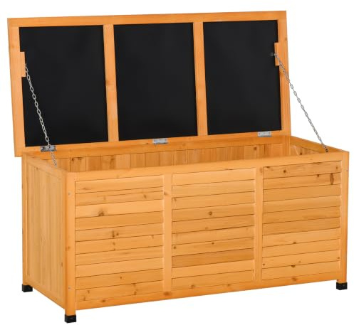 Outsunny Baule da Esterno in Legno di Abete 127x56x60 cm Giallo Scuro | Base Rialzato, Coperchio, Cassapanca Contenitore da Esterno Impermeabile