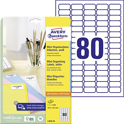 AVERY Zweckform L7632-25 mini Organisationsetiketten (2.000 Aufkleber, 35,6x16,9mm auf A4, selbstklebende Vielzweck-Etiketten, bedruckbar, Klebeetiketten zum Organisieren/Kennzeichnen) 25 Blatt, weiß