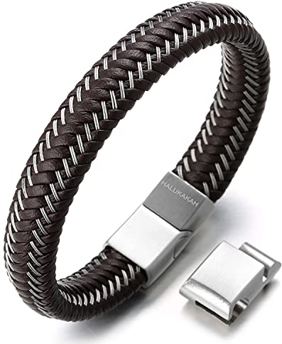 Halukakah Jazz Men's Genuine Leather Bracelet Titanium Magnetic Clasp Size Adjustable 8.2-8.7(21-22cm) with Free Giftbox, Brown
