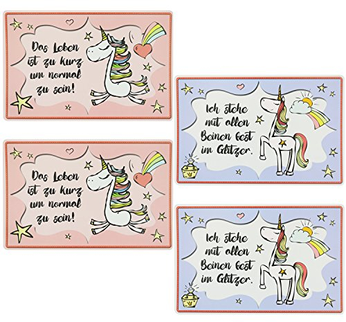 com-four® 4X Platzset für Kinder - Platzdeckchen im Einhorn-Design - Platzmatten in pink und blau mit Spruch (04 Stück - 44x28cm Einhorn)