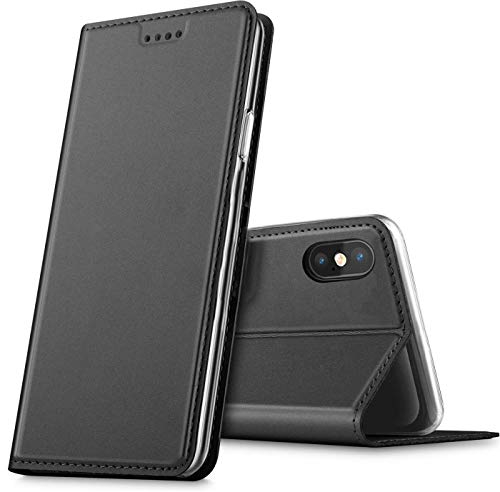 Verco Handyhülle für iPhone XS, Premium Handy Flip Cover für Apple iPhone X/XS Hülle [integr. Magnet] Book Case PU Leder Tasche (5,8 Zoll), Schwarz
