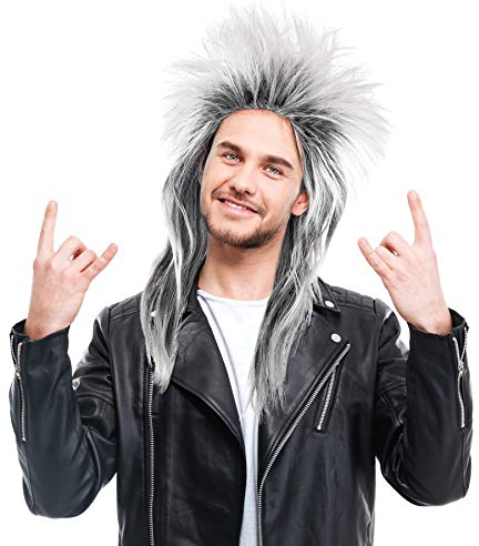 Rockige Perücke Schwarz/Weiß Damen Herren Karneval 80er Wave Punk Popstar Rocker Grau Schwarz-Weiß-Mix Toupiert