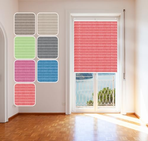 Plissee Rot 90x120cm mit Alu-Profil, Stoff in Jeans-Optik, KlemmFix Halterung ohne Bohren, Melange