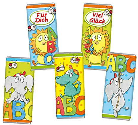 STEINBECK Einschulung 5 mal Mini Vollmilch Schokolade Tafel Schultüte Zuckertüte 5er Set Geschenk Befüllung ABC Schulkind Tiere