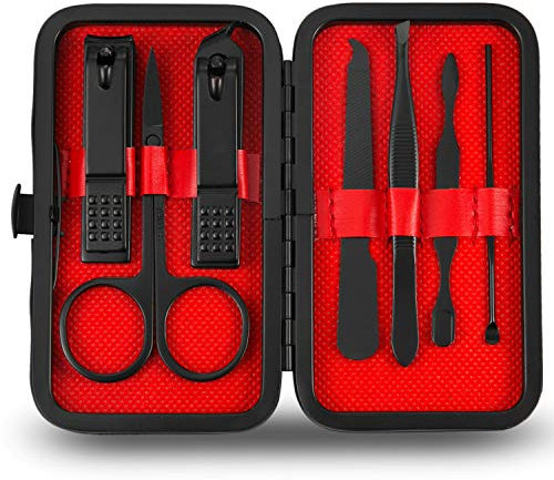 Manicure Pedicure Set Nail Clippers Kit 7 Pcs Stainless Steel Hygiene Kit Portable Nail Trimming set and Grooming Tools with Fine Leather Case [Gift Box] (Black)