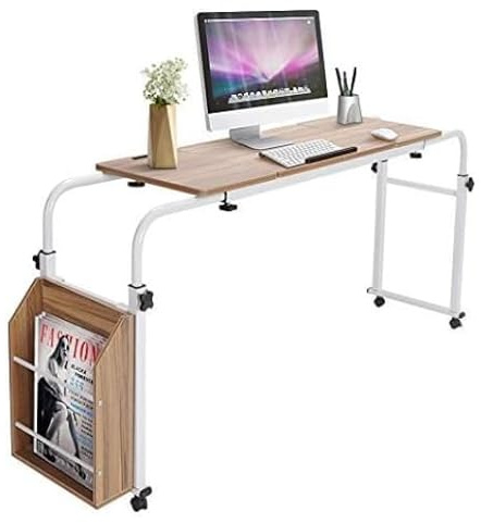 Adjustable Over Bed Table on Wheels, Computer Workstation Laptop Table for Working, Dining - Oak