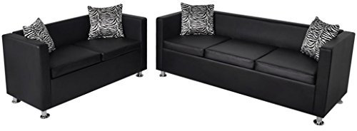 Tidyard Sofa-Set 3-Sitzer und 2-Sitzer Wohnzimmersofa Couchsofa Loungesofa Gartensofaset Polstergarnitur Wohnlandschaft Fuer Wohnzimmer & Balkon & Garten (mit Kissen) Kunstleder Schwarz