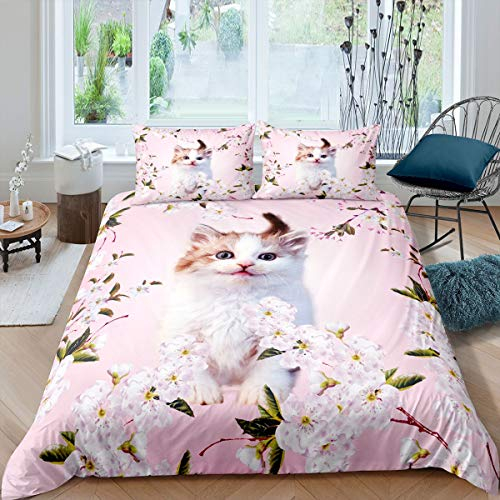 Loussiesd 3D Katze Drucken Bettwäsche Rosa Mädchen Tier Bettwäsche Set Süß Katze Bettbezug Set 135x200cm Natur Pfirsichblüte Kirschblüten Blumenzweig Dekor Bettwäsche Schön 2St für Frauen Erwachsene