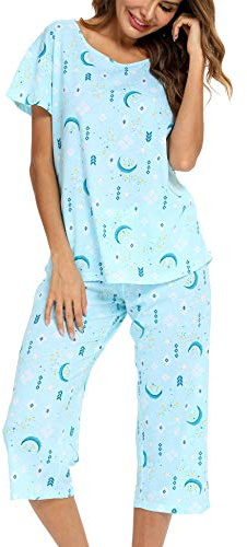 ENJOYNIGHT Womens Pyjama Sets Cotton Pjs Short Sleeve Capri Pants Nightwear