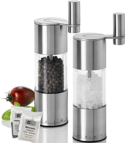 AdHoc Select Gewürzmühlen mit Kurbel | 2-er Set manuelle Salz- & Pfeffermühle mit Getriebe | 12-stufige Präzisions-Mahlgradeinstellung | Keramikmahlwerk für hartes Mahlgut | 20cm | inkl. Erstbefüllung