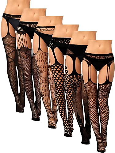 Syhood 6 Paires de Bas Résille Bas de Cuisse en Dentelle Collants Porte-Jarretelles pour Femme Costume d'Halloween (Noir)