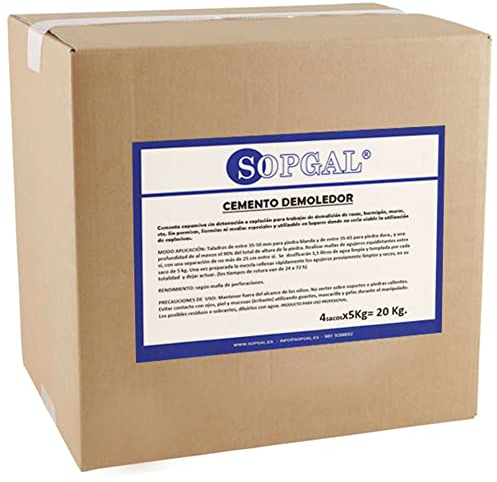 Cemento Expansivo Demoledor para Roca y Hormigón - Demoliciones silenciosas de todo tipo de piedra, muros y hormigón. Sin impacto ni vibraciones de forma segura - Sopgal (20 Kg)