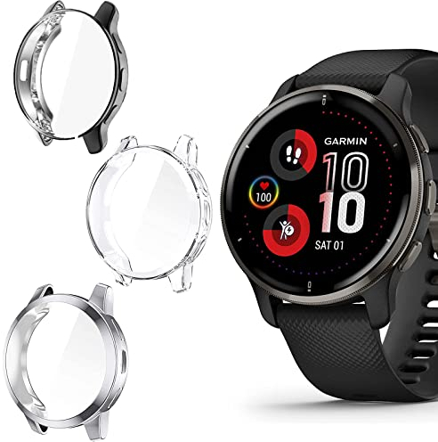 Venu 2 Plus Case, onetuo All-Around Protective TPU Bumper Cover Screen Protector Case Cover Compatible for Garmin Venu 2 Plus Smartwatch (3 pack-Clear+Black+Silver)