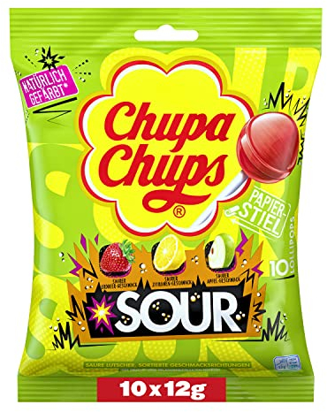 Chupa Chups saure Lutscher, Nachfüll-Beutel mit 10 extra sauren Frucht-Lollis in den drei Geschmacksrichtungen Apfel, Erdbeere, Zitrone, geeignet für Geburtstag, 10 x 12g