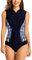 FEOYA Maillot de Bain Femme 1 Pièce sans Manches Élégant Imprimé Maillot Rashguard avec Fermeture Eclair Avant Combinaison de Natation Monokini Body Couleur 15 XXL