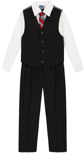 Izod Boys 4-piece Set with Collared Dress Shirt, Tie, Vest, and Pants Business Suit, Black/Red, 6 US
