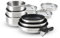 Qdesign - Batterie de Cuisine à Induction 10 Pièces - Set de 3 Casseroles, 3 Poêles Anti-Adhésives, 3 Couvercles et Poignée Amovible - Acier Inoxydable - Tout Feu - Argenté/Noir