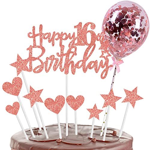 Kiwochy Glitzer 16.Geburtstag Cupcake Toppers Tortendeko 16 Geburts tag Deko Kuchen 16. Geburtstag Rose Gold Tortendeko Happy 16 Birthday Tortendeko 16 jahre mädchen Kuchendeko für 16 Geburtstag