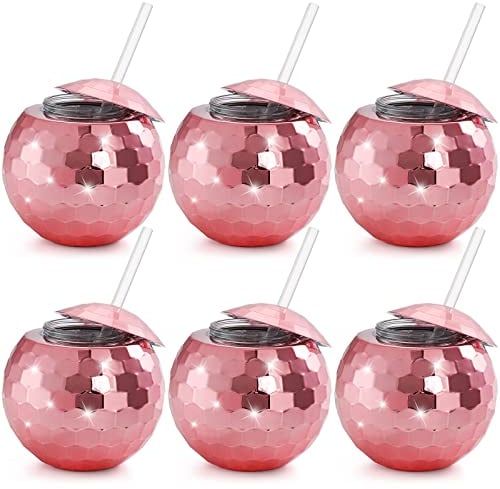 Nicunom 6 Pack Disco Ball Cups with Lids & Straws, 600ml Reusable Rose Gold Pink Ball Tumbler Disco Flash Ball Cup Sparkly Glitter Bachelorette Party Drinking Tea Syrup Bottle