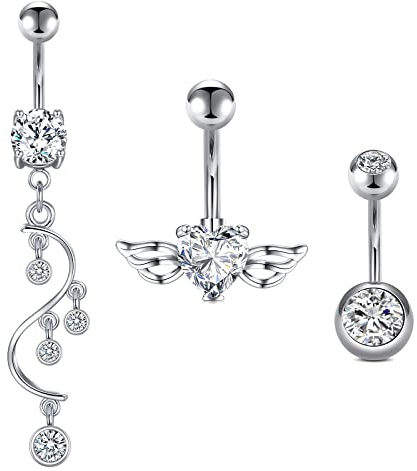 Crdifu 3stk Bauchnabelpiercing 10mm Silber mit Anhänger Piercing Bauchnabel Bauchpiercing Kristall Herz Chirurgenstahl